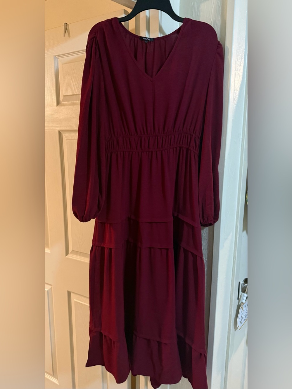 V-Neck Burgundy Tiered Maxi Dress with Smocked Waist